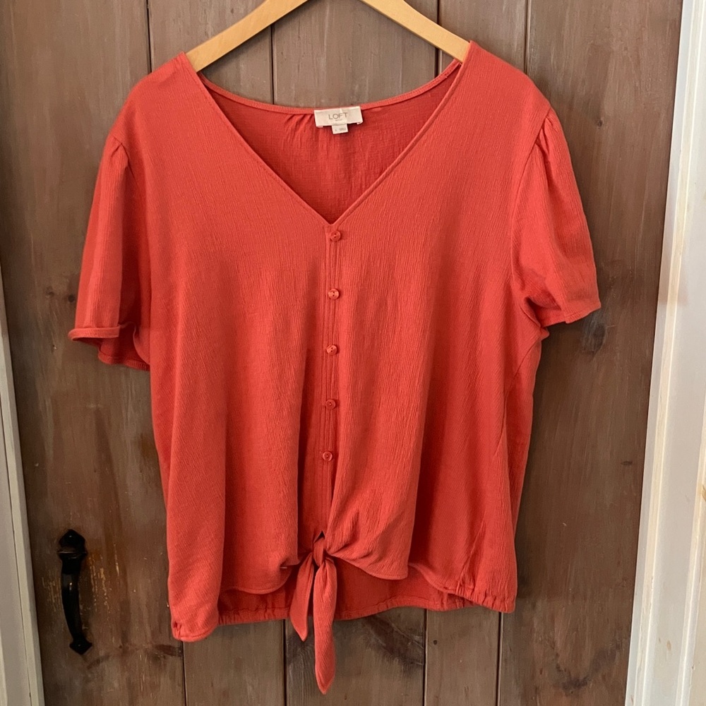 LOFT Women's V-Neck Tie Front Blouse in Coral